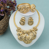 Set mare de bijuterii pentru femei Dubai Mireasa Colier mare Cercei placati cu aur Inel pentru iubitori Accesorii vestimentare de nunta