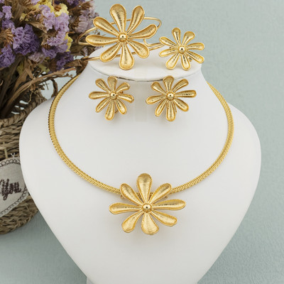 Set mare de bijuterii pentru femei Dubai Mireasa Colier mare Cercei placati cu aur Inel pentru iubitori Accesorii vestimentare de nunta