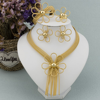 Set mare de bijuterii pentru femei Dubai Mireasa Colier mare Cercei placati cu aur Inel pentru iubitori Accesorii vestimentare de nunta