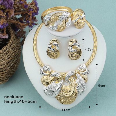 Set mare de bijuterii pentru femei Dubai Mireasa Colier mare Cercei placati cu aur Inel pentru iubitori Accesorii vestimentare de nunta