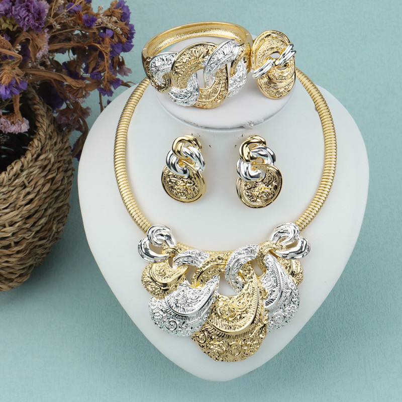Set mare de bijuterii pentru femei Dubai Mireasa Colier mare Cercei placati cu aur Inel pentru iubitori Accesorii vestimentare de nunta