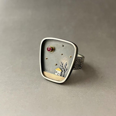 „House Tree Sky Inlay Stone“ pirštų žiedai moterims Paprasti asmeninio dizaino žiedai, moteriški aksesuarai, papuošalai dovanoms vakarėliui