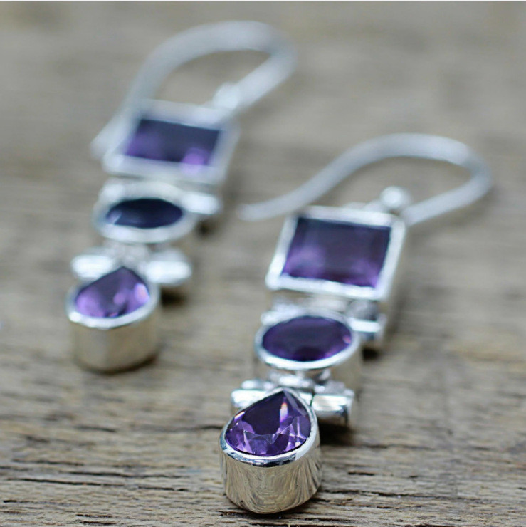 Cercei cu ametist mov de epocă, bijuterii de marca de nuntă, cercei cu bile de cristal, cercei cu dublu pentru femei