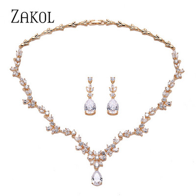 ZAKOL Fashion Cluster Flower Cubic Zirconia Crystal Женски обеци Колие Комплект за булки Сватбена вечеря Рокля Бижута