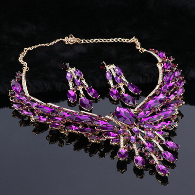 Krištolo nuotakos papuošalų rinkiniai Vestuvių vakarėlio kostiumų aksesuarai Indijos karoliai auskarų rinkinys nuotakai Puošnūs papuošalų rinkiniai moterims