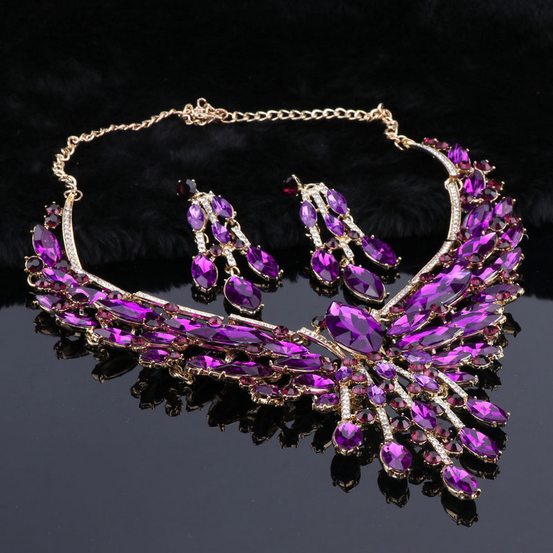 Krištolo nuotakos papuošalų rinkiniai Vestuvių vakarėlio kostiumų aksesuarai Indijos karoliai auskarų rinkinys nuotakai Puošnūs papuošalų rinkiniai moterims