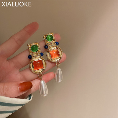 XIALUOKE Geometrické kruhové štvorcové živicové perlové prívesky pre ženy Vintage hyperbole veľké náušnice párty šperky