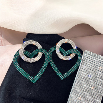 FYUAN Зелени обеци с розови сърца и кристали за жени Извънгабаритни кръгли обеци с капки със страз Изящни обеци Подаръци