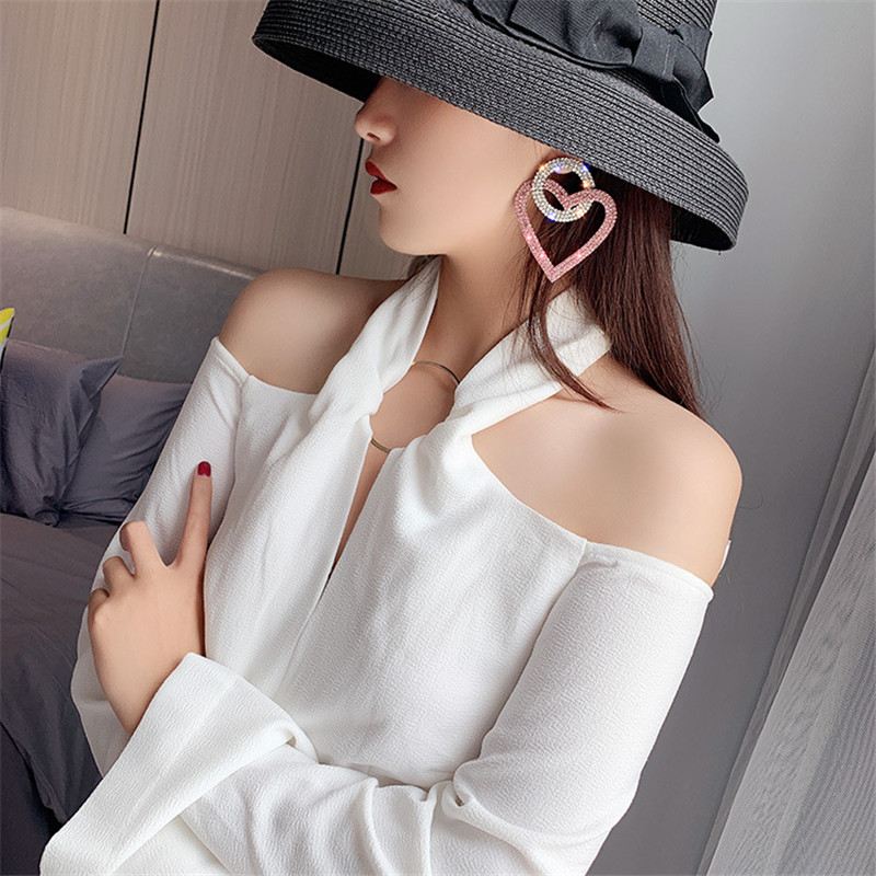 FYUAN Зелени обеци с розови сърца и кристали за жени Извънгабаритни кръгли обеци с капки със страз Изящни обеци Подаръци