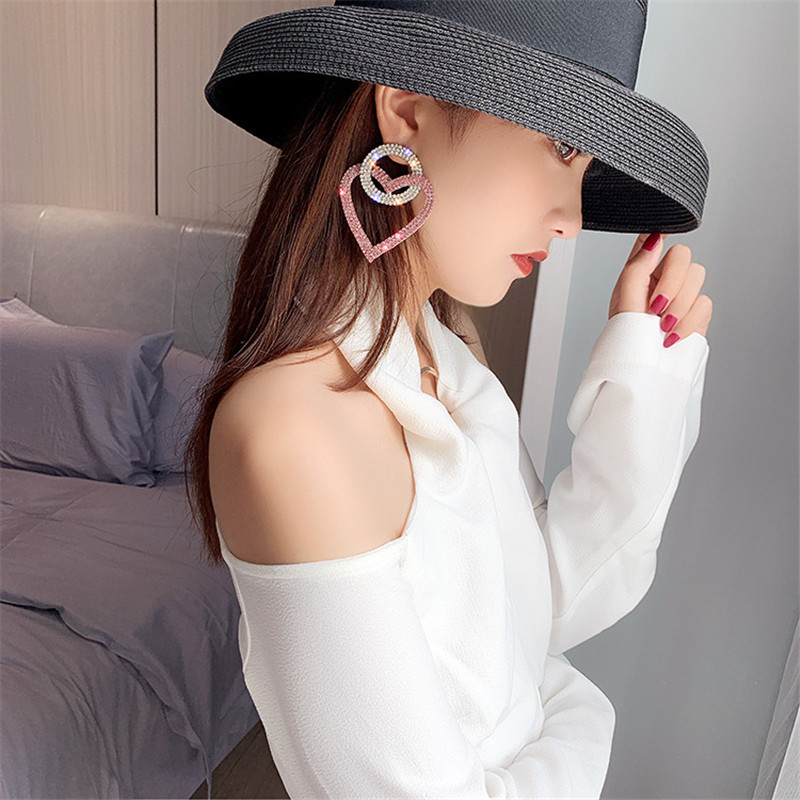 FYUAN Зелени обеци с розови сърца и кристали за жени Извънгабаритни кръгли обеци с капки със страз Изящни обеци Подаръци