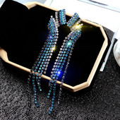 2020 Bling Crystal Дълги обеци с пискюл Сини кристали Waterdrop Геометрични висящи обеци Eardrop за жени Бижута Подарък