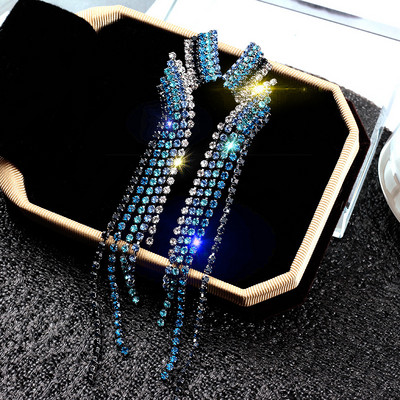2020 Bling Crystal Long Tassel Strapcové náušnice Blue Rhinestone Waterdrop Geometric Dangle Visiace náušnice Náušnice pre ženy Šperky Darček