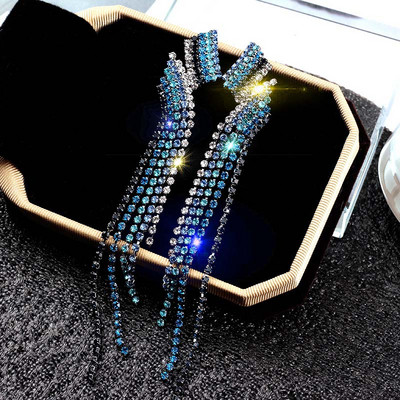 2020 Bling Crystal Дълги обеци с пискюл Сини кристали Waterdrop Геометрични висящи обеци Eardrop за жени Бижута Подарък