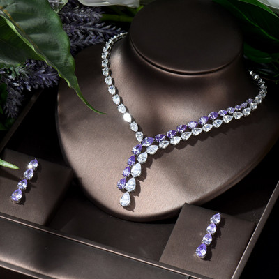 HIBRIDE Прозрачен, най-добро качество Брилянтен кристал Циркойна Обеци и Колие Комплект булчински бижута Аксесоари за сватбена рокля N-1453