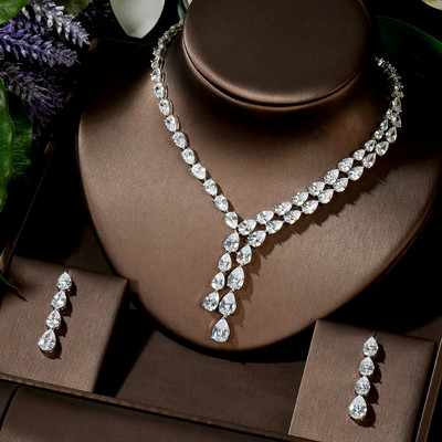 HIBRIDE Прозрачен, най-добро качество Брилянтен кристал Циркойна Обеци и Колие Комплект булчински бижута Аксесоари за сватбена рокля N-1453