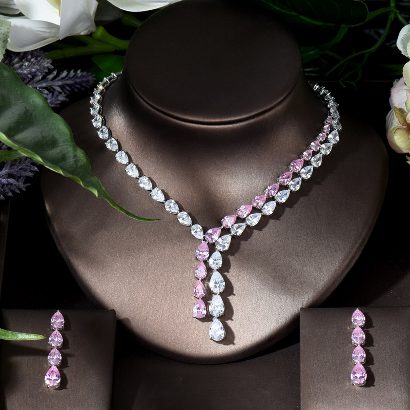 HIBRIDE Прозрачен, най-добро качество Брилянтен кристал Циркойна Обеци и Колие Комплект булчински бижута Аксесоари за сватбена рокля N-1453