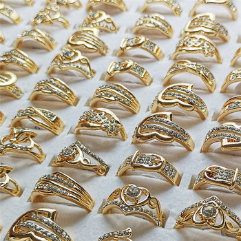 10 бр. Партиди на едро на едро Модни смесени блестящи кристални пръстени Бижута Златни пръстени за пръсти за жени Момичета
