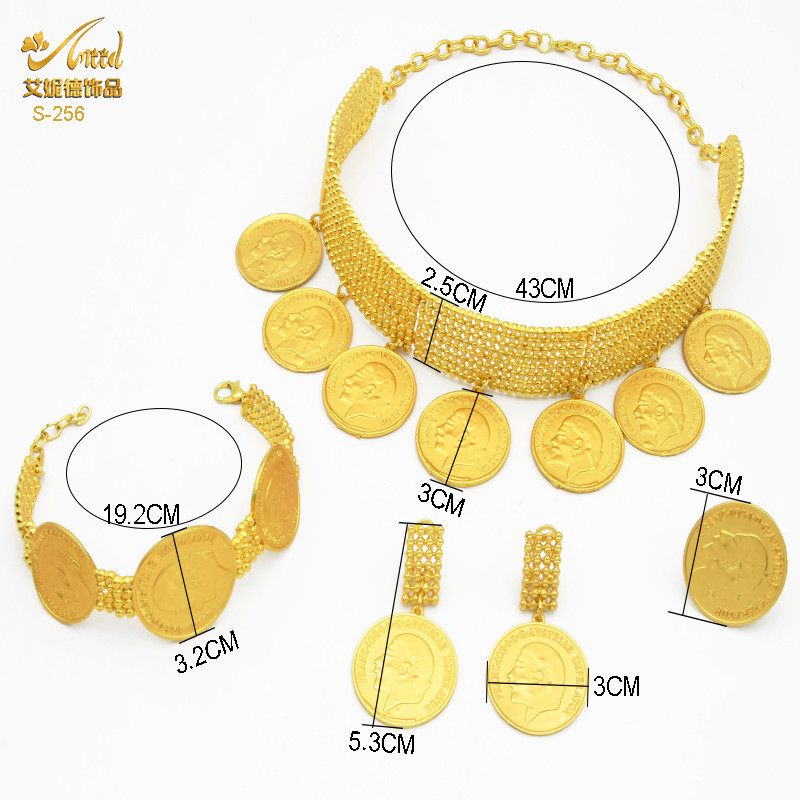 Prabangūs Dubajaus papuošalų rinkiniai Afrikos moterų vestuvėms Indijos papuošalai Etiopijos moneta Dideli karoliai Auskarai Apyrankės Žiedai Rinkinys