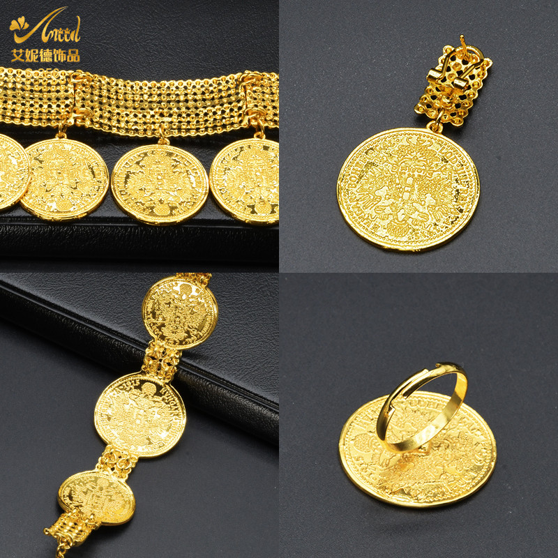 Prabangūs Dubajaus papuošalų rinkiniai Afrikos moterų vestuvėms Indijos papuošalai Etiopijos moneta Dideli karoliai Auskarai Apyrankės Žiedai Rinkinys