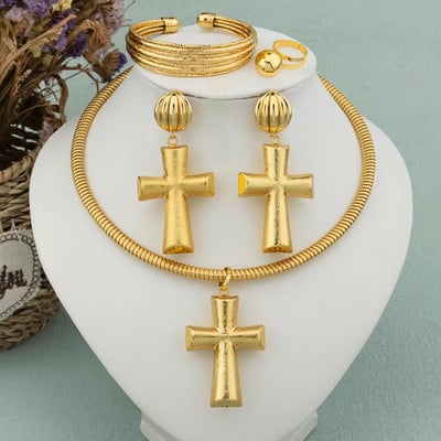 Divatos ékszer készletek nőknek nyaklánc fülbevaló karkötő gyűrű Dubai 18 karátos aranyozott gótikus stílusú kereszt ékszer parti ajándékba