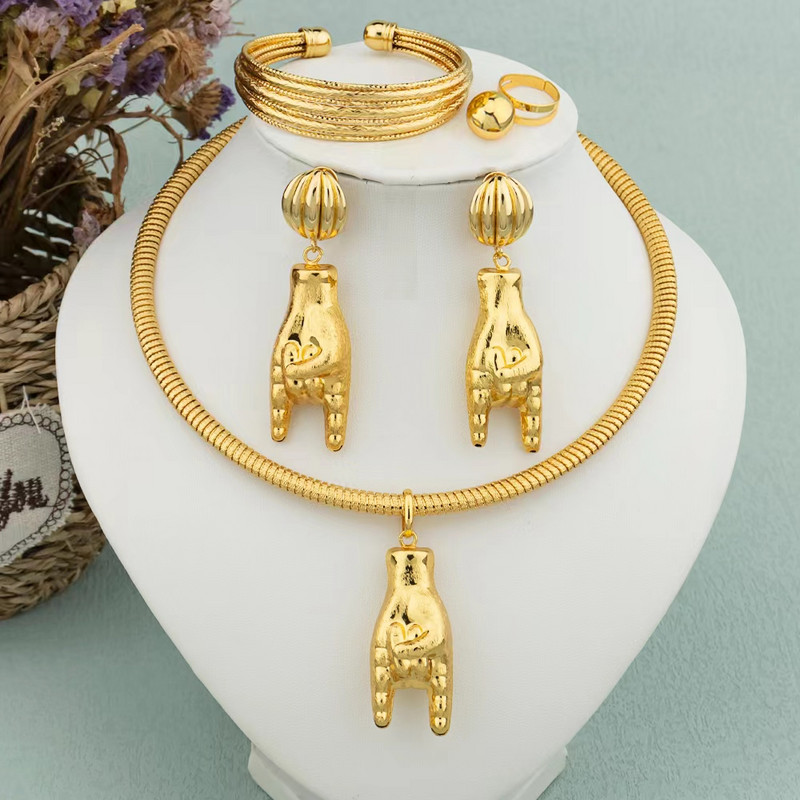 Divatos ékszer készletek nőknek nyaklánc fülbevaló karkötő gyűrű Dubai 18 karátos aranyozott gótikus stílusú kereszt ékszer parti ajándékba