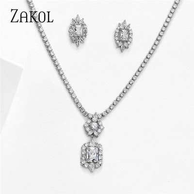 ZAKOL Naujausi prabangūs kibirkščiuojantys kubiniai cirkonio auskarai, karoliai, vakarienės papuošalų rinkinys vestuvinės nuotakos suknelės priedai SP462