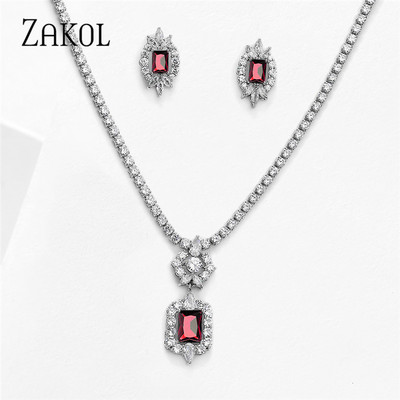 ZAKOL Naujausi prabangūs kibirkščiuojantys kubiniai cirkonio auskarai, karoliai, vakarienės papuošalų rinkinys vestuvinės nuotakos suknelės priedai SP462