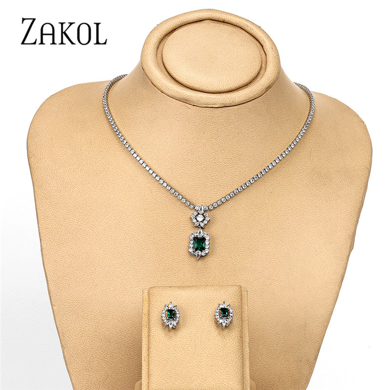 ZAKOL Naujausi prabangūs kibirkščiuojantys kubiniai cirkonio auskarai, karoliai, vakarienės papuošalų rinkinys vestuvinės nuotakos suknelės priedai SP462