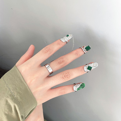 Žali cirkonio netaisyklingi pirštų galiukai nagų šarvai žiedas Punk Y2k žiedai gotikiniai reguliuojami nagų žiedai priedai papuošalų rinkinys