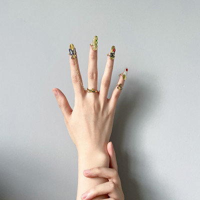 Žali cirkonio netaisyklingi pirštų galiukai nagų šarvai žiedas Punk Y2k žiedai gotikiniai reguliuojami nagų žiedai priedai papuošalų rinkinys