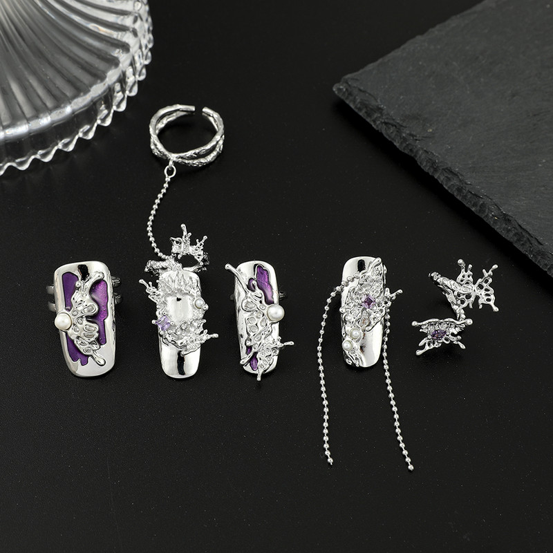 Žali cirkonio netaisyklingi pirštų galiukai nagų šarvai žiedas Punk Y2k žiedai gotikiniai reguliuojami nagų žiedai priedai papuošalų rinkinys