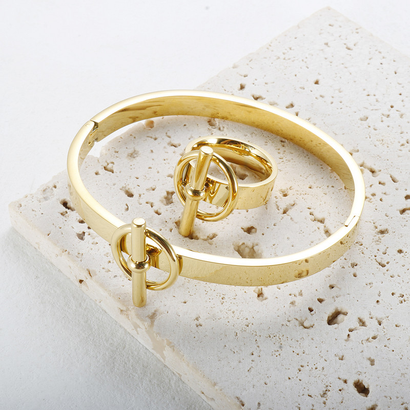 JINHUI vandeniui atsparus ir spalvoms atsparus papuošalų rinkinys moterims, nerūdijančio plieno mados apyrankės, apvalios OT žavus žiedas, puikūs papuošalai