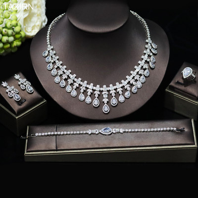 TAZIRN AAA cirkónium 4 DB ékszerkészletek nőknek esküvői CZ Crystal Africa Dubai Nigéria menyasszonyi luxus ékszer kiegészítők