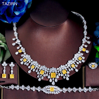 TAZIRN AAA cirkónium 4 DB ékszerkészletek nőknek esküvői CZ Crystal Africa Dubai Nigéria menyasszonyi luxus ékszer kiegészítők