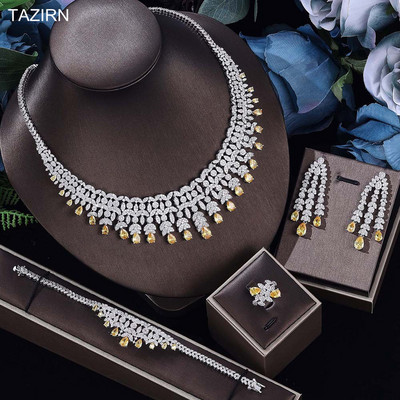 TAZIRN AAA cirkónium 4 DB ékszerkészletek nőknek esküvői CZ Crystal Africa Dubai Nigéria menyasszonyi luxus ékszer kiegészítők