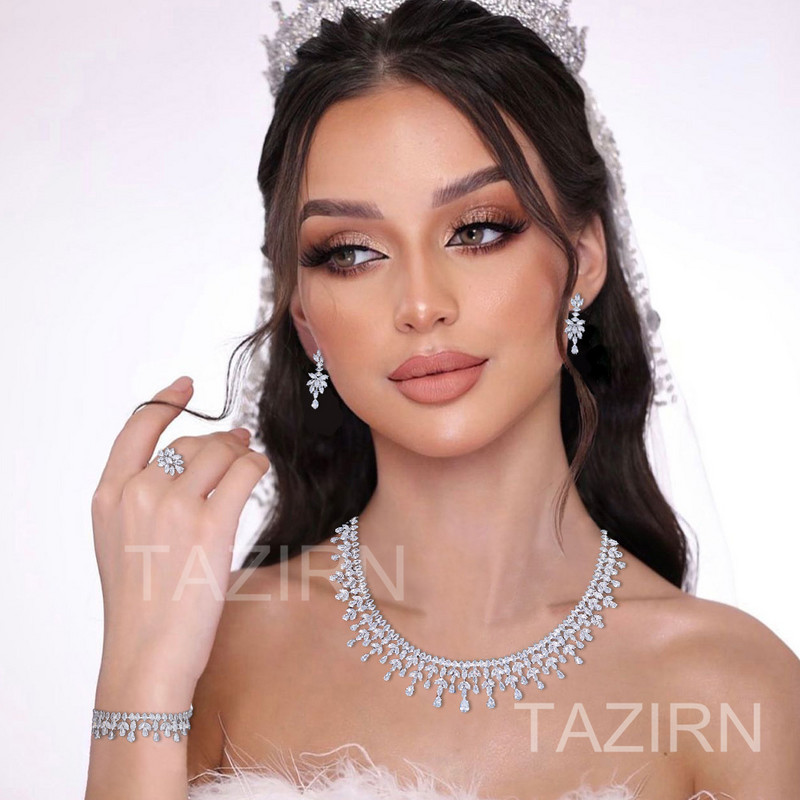 TAZIRN AAA cirkónium 4 DB ékszerkészletek nőknek esküvői CZ Crystal Africa Dubai Nigéria menyasszonyi luxus ékszer kiegészítők