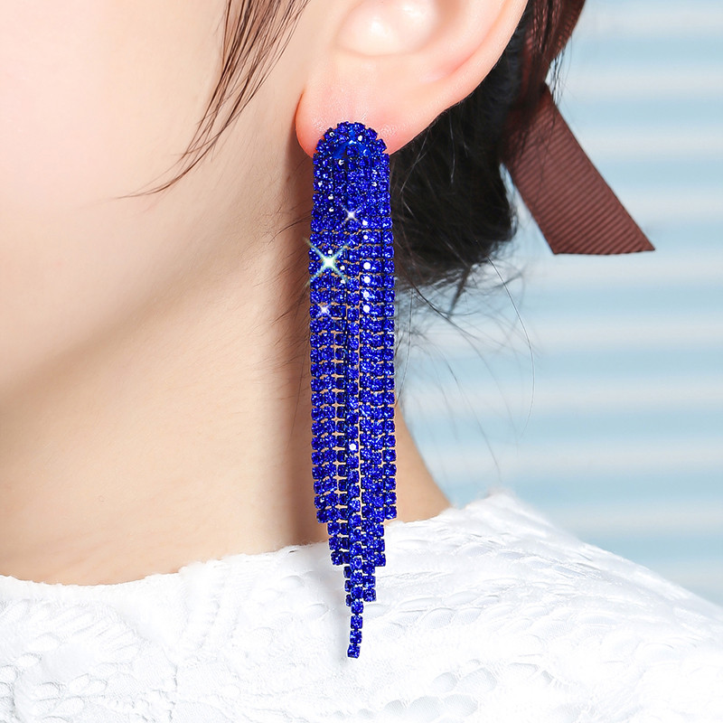 Ilgi kutais nuleidžiami auskarai moterims Mėlyna žalia spalva Kalnų krištolinis krištolo kabantys auskarai Vestuviniai papuošalai