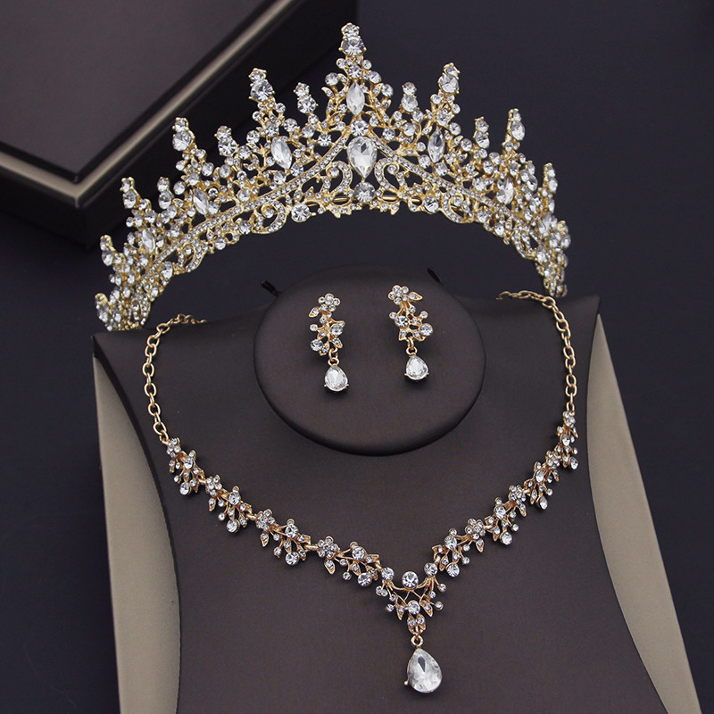 Luxus, gyönyörű kristály menyasszonyi ékszer készletek Tiaras korona fülbevaló nyaklánc nyaklánc nőknek esküvői ruha menyasszonyi ékszer szett