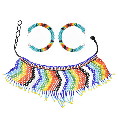 Африкански етнически племенни цветни мъниста лигавник чокър колие обеци комплект за жени булка бохемски индийски яки шал бижута