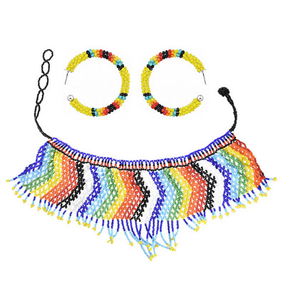 Африкански етнически племенни цветни мъниста лигавник чокър колие обеци комплект за жени булка бохемски индийски яки шал бижута