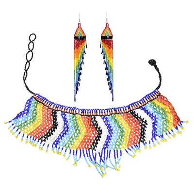 Африкански етнически племенни цветни мъниста лигавник чокър колие обеци комплект за жени булка бохемски индийски яки шал бижута