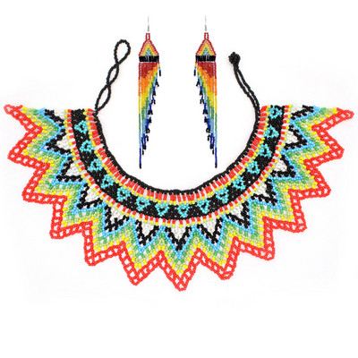 Африкански етнически племенни цветни мъниста лигавник чокър колие обеци комплект за жени булка бохемски индийски яки шал бижута