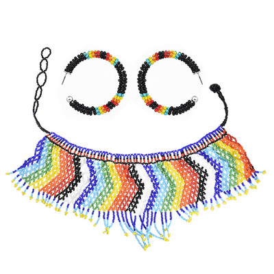 Африкански етнически племенни цветни мъниста лигавник чокър колие обеци комплект за жени булка бохемски индийски яки шал бижута