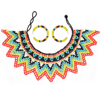 Африкански етнически племенни цветни мъниста лигавник чокър колие обеци комплект за жени булка бохемски индийски яки шал бижута