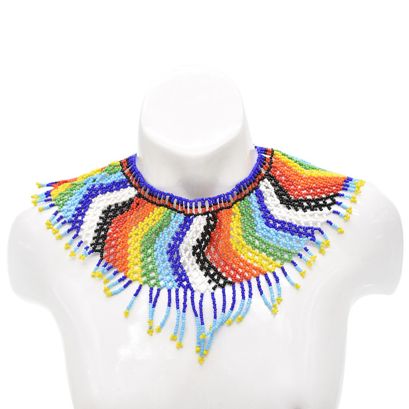 Африкански етнически племенни цветни мъниста лигавник чокър колие обеци комплект за жени булка бохемски индийски яки шал бижута