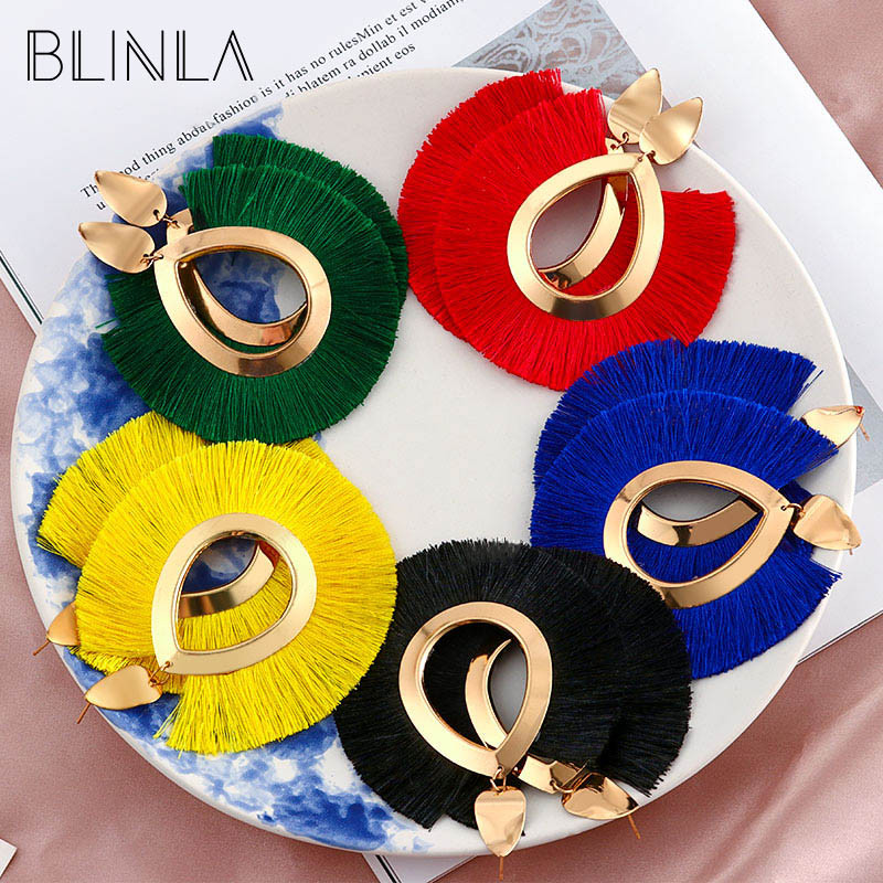 BLINLA Модни бохемски висящи обеци с големи пискюли за жени Изящни сватбени женски обеци с червени ресни Za 2021 Бижута