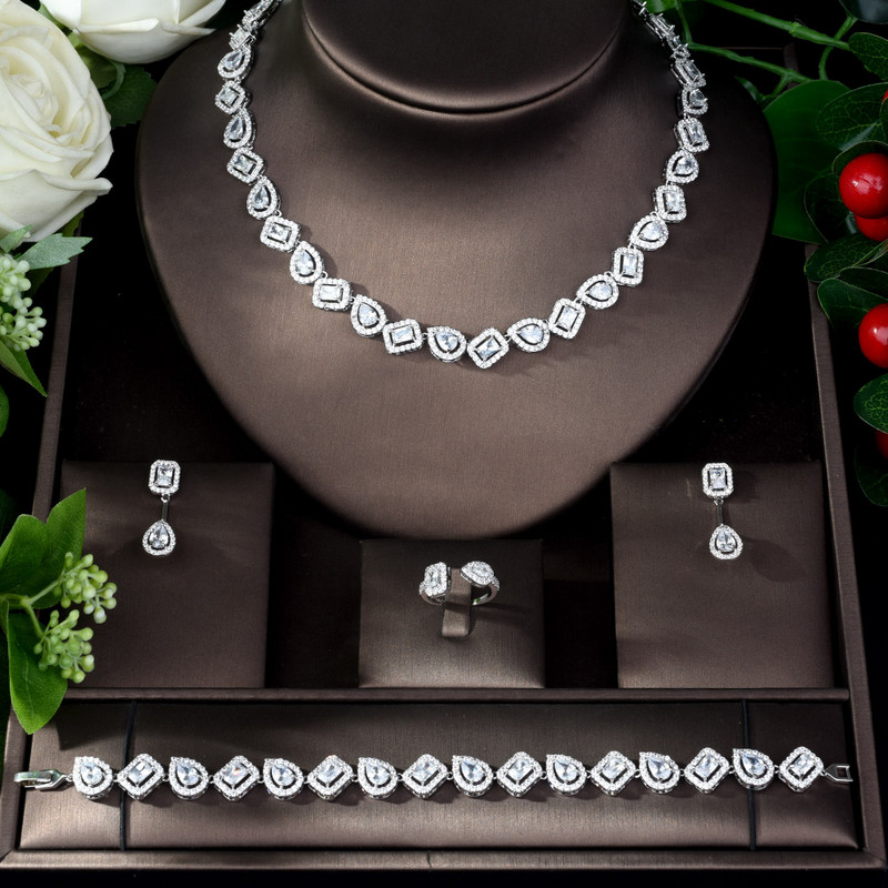 HIBRIDE Novi svjetlucavi komplet nakita od kubičnih cirkona Vjenčani kvadratni oblik 4 komada Ogrlica Nakit Vjenčani set Ženski bijoux mariage N-1084