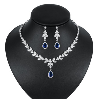 WEIMANJINGDIAN Brand Blue Teardrop и Marquise Cut Cubic Zirconia CZ Crystal Колие и обеци Комплект булчински сватбени бижута