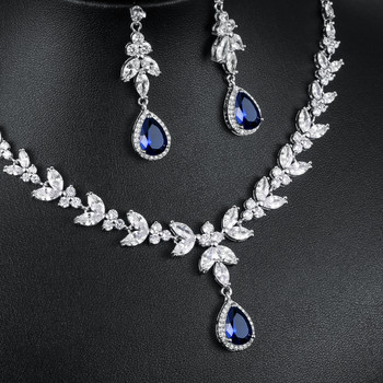 WEIMANJINGDIAN Brand Blue Teardrop и Marquise Cut Cubic Zirconia CZ Crystal Колие и обеци Комплект булчински сватбени бижута