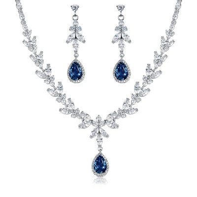 WEIMANJINGDIAN Brand Blue Teardrop и Marquise Cut Cubic Zirconia CZ Crystal Колие и обеци Комплект булчински сватбени бижута